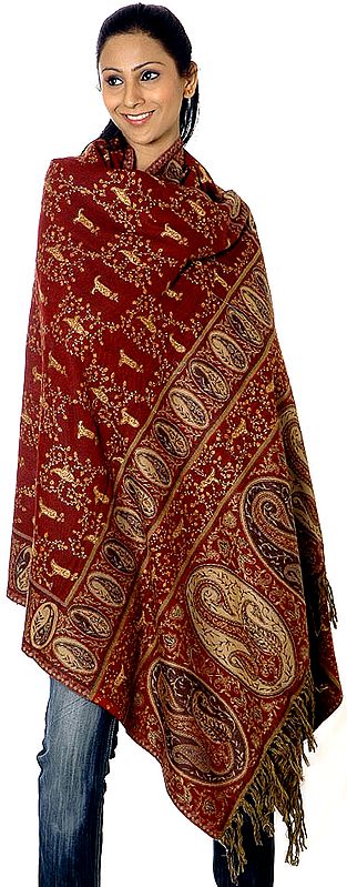 Maroon Jamawar Shawl with Needle-Stitch Embroidery by Hand