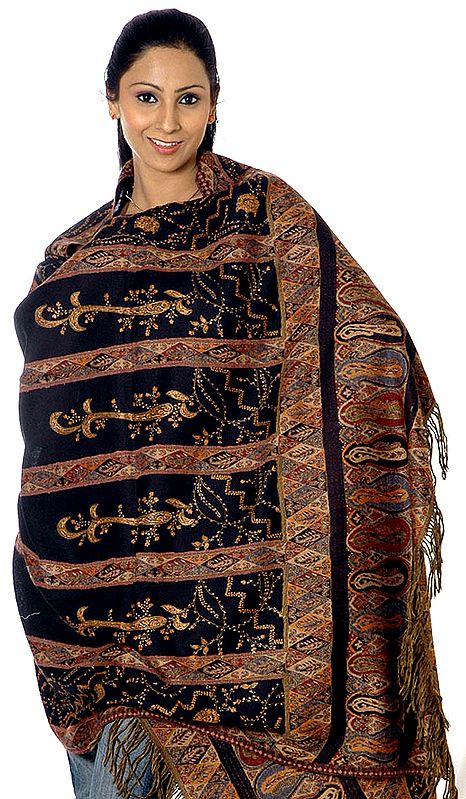 Black Jamawar Shawl with Needle-Stitch Embroidery by Hand