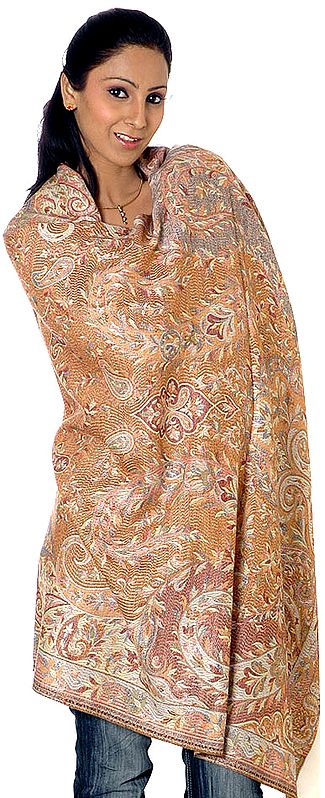 Reversible Brown Kani Jamawar Shawl with All-Over Weave