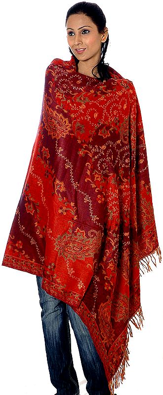 Red Jamawar Shawl with Needle Embroidery