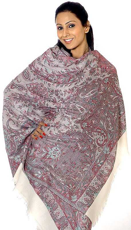 Reversible Gray Kani Jamawar Shawl with All-Over Weave
