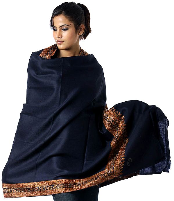 Plain Midnight-Blue Kashmir Shawl with Densely Embroidered Border