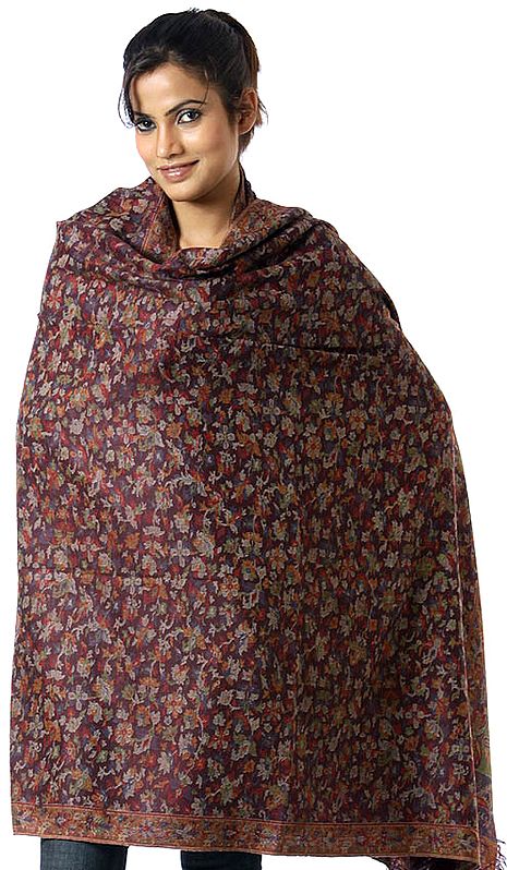 Coffee-Brown Kani Shawl with Multi-Color Woven Flowers All-Over