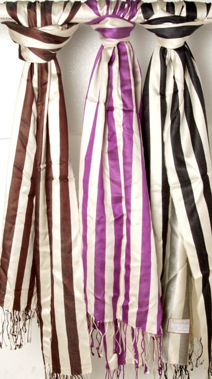 Lot of Three Ivory Striped Woven Scarves