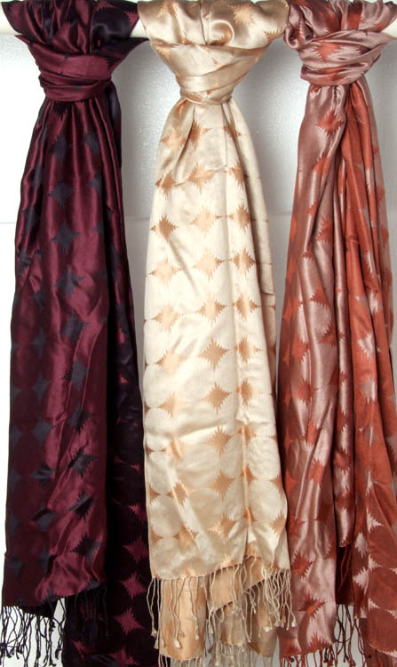 Lot of Three Double-Sided Pure Silk Scarves