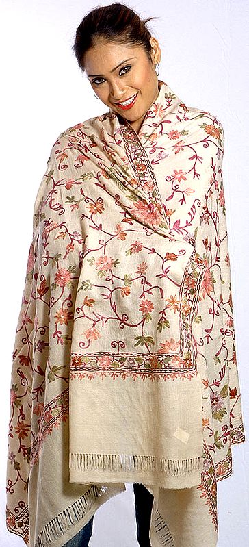 Cream Kashmiri Shawl with Crewel Embroidery All-Over