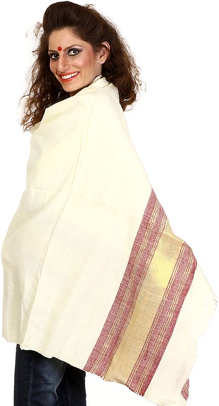 Cream Shawl from Kutchh with Golden Thread Weave on Border