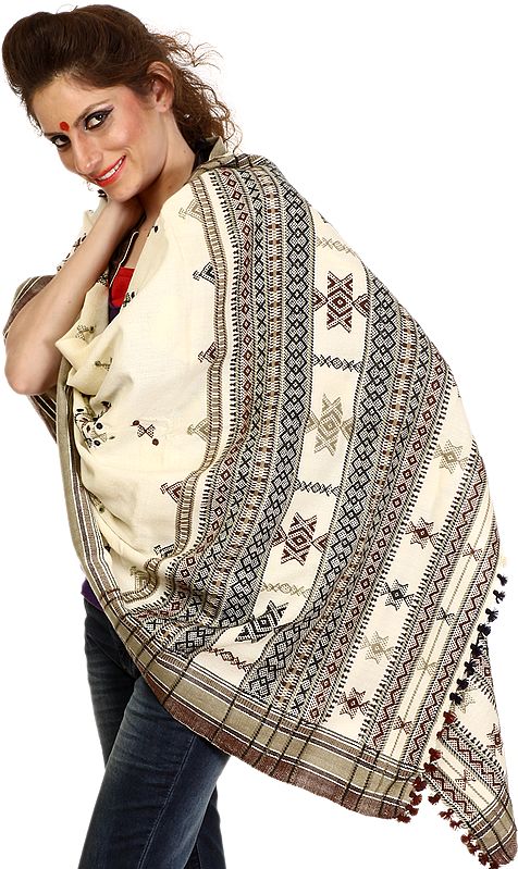 Cream Shawl from Kutchh with Mirrors and Thread Weave