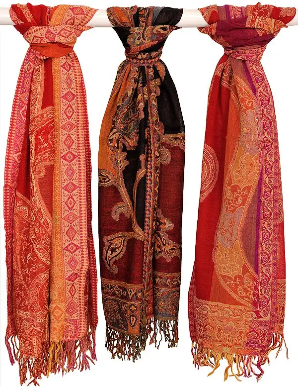 Lot of Three Jamawar Stoles with Crystals