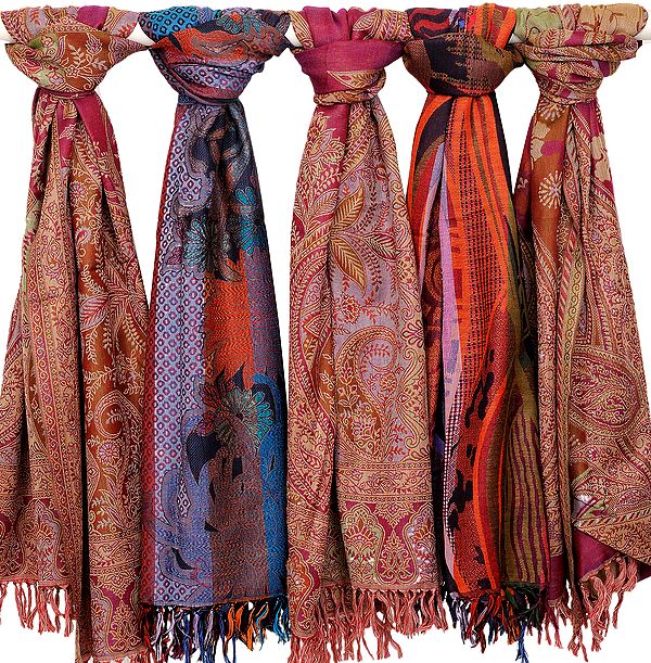 Lot of Five Jamawar Stoles with Floral Weave