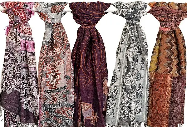 Lot of Five Boiled-Wool Reversible Jamawar Stoles
