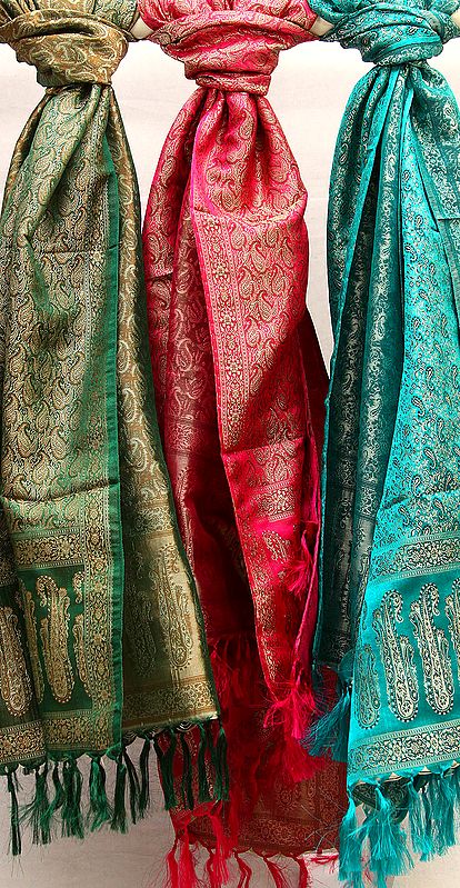 Lot of Three Resham Dohra Banarasi Stoles with Dense Weave