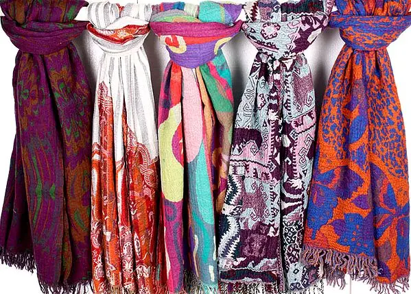 Lot of Five Boiled-Wool Jamawar Stoles