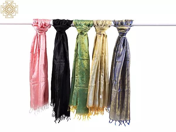 Lot of Five Pure Silk Scarves with Tanchoi Weave