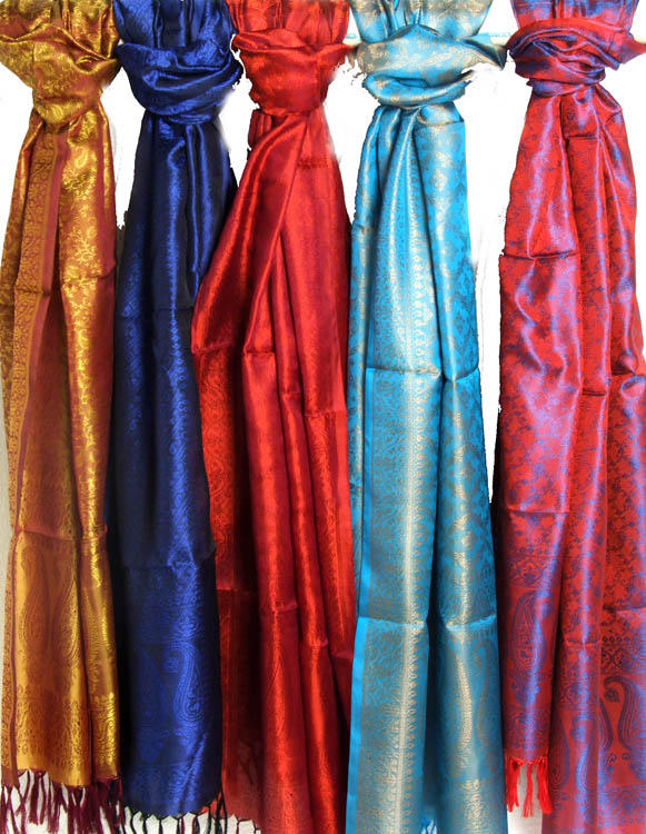 Lot of Five Pure Silk Stoles with Tanchoi Weave