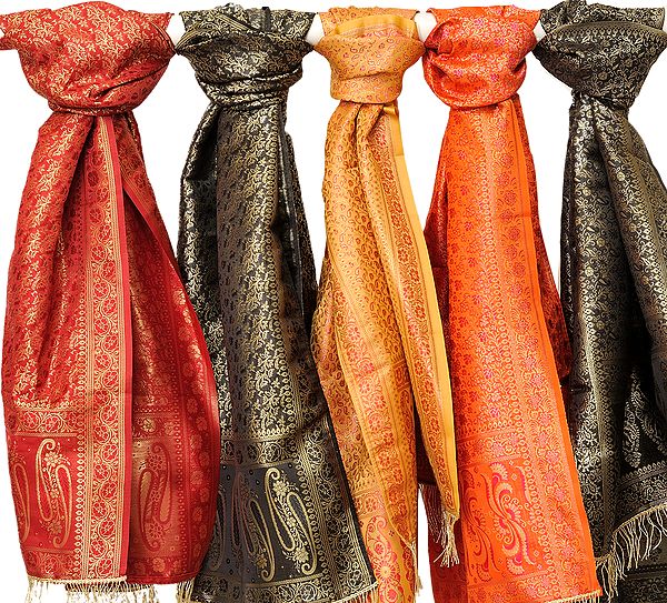 Lot of Five Banarasi Zari Ektara Stoles with Golden Thread Weave