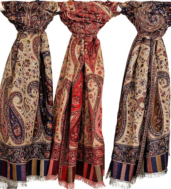 Lot of Three Jamawar Shawls with Crystals