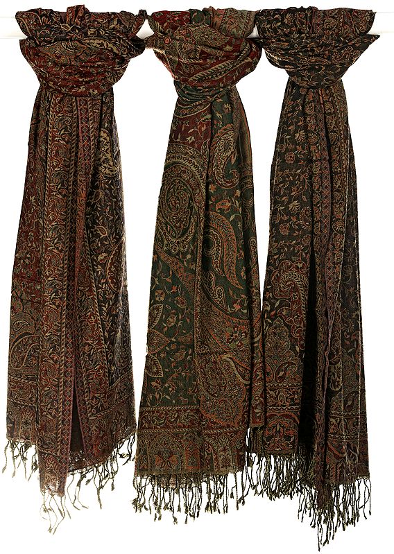 Lot of Three Reversible Jamawar Shawls with All-Over Weave