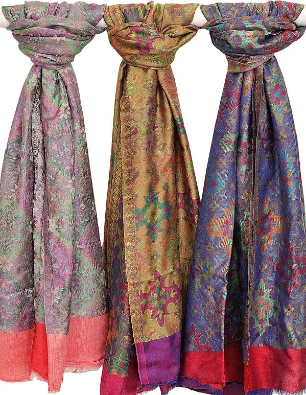 Lot of Three Modal Stoles with All-Over Phulkari Weave and Solid Border