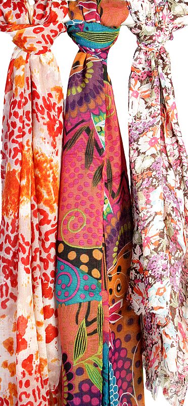Lot of Three Multi-Color Floral Printed Stoles