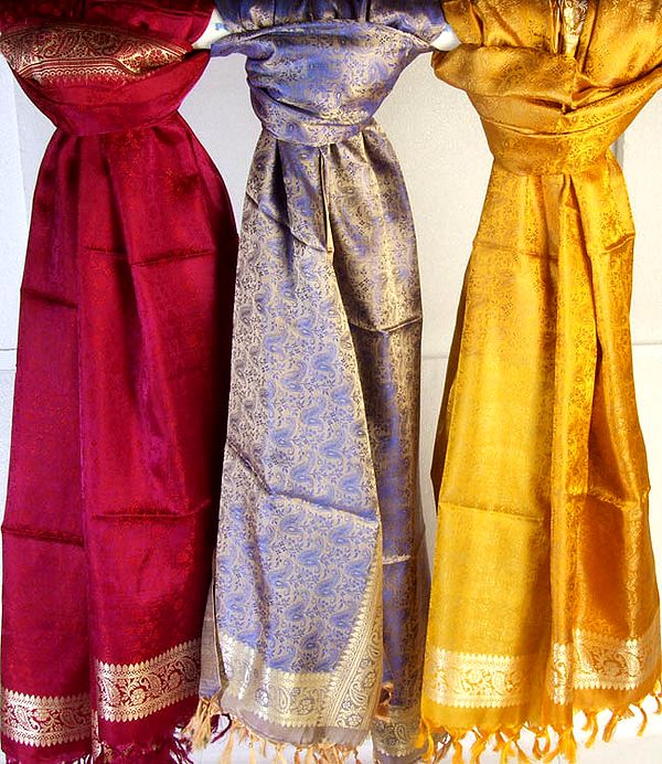 Lot of Three Hand-Woven Banarasi Tanchoi Shawls