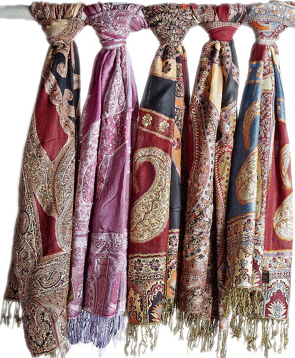 Lot of Five Jamawar Stoles with Sequins