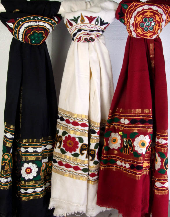 Lot of Three Shawls from Kutch with Embroidered Elephants and Flowers