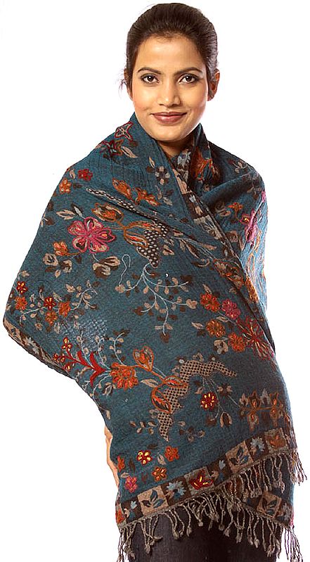 Dark Blue Stole with Floral Embroidery
