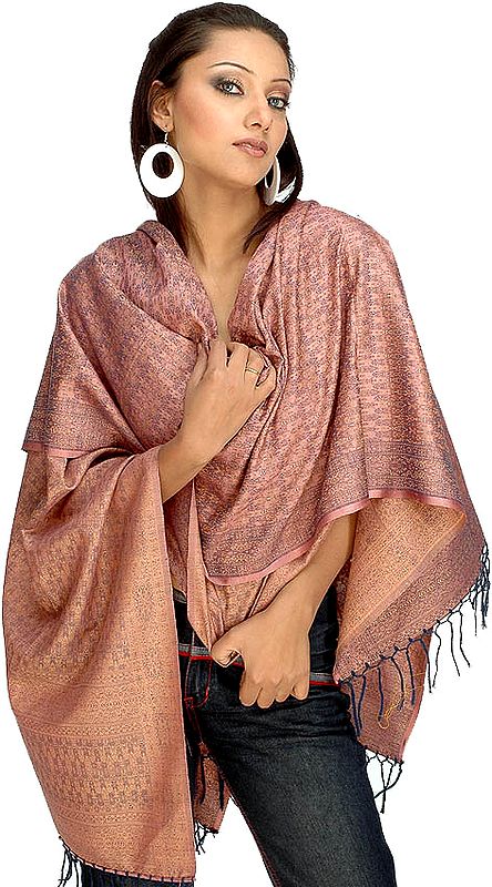 Dark Coral Brocaded Shawl from Banaras with Tanchoi Weave