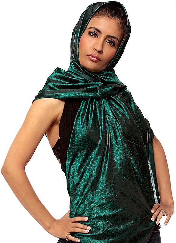 Dark-Green Banarasi Shawl with Tanchoi Weave in Golden Thread