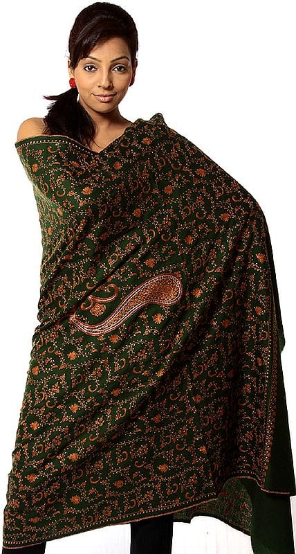 Dark-Green Tusha Shawl with Jafreen Jaal Embroidery and Paisley