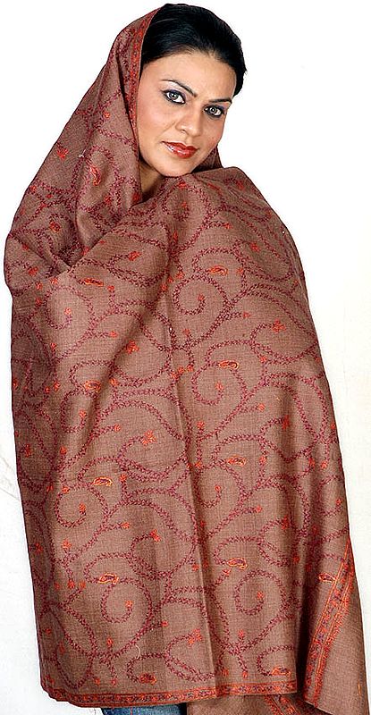 Dark-Khaki Kashmiri Shawl with Needle-Stitch Embroidery