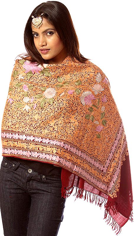 Dark-Maroon Jamdani Stole from Kashmir with Dense Floral Embroidery