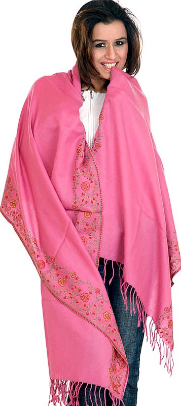 Dark-Pink Stole from Kullu with Hand-Embroidery on Border