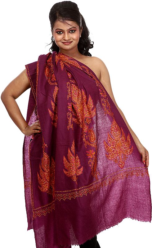 Dark-Purple Pure Pashmina Shawl with Large Sozni Embroidered Chinar Leaves