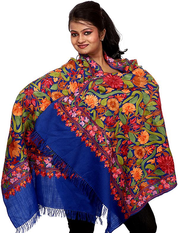 Dazzling-Blue Kashmiri Stole with Densely Embroidered Flowers All-Over