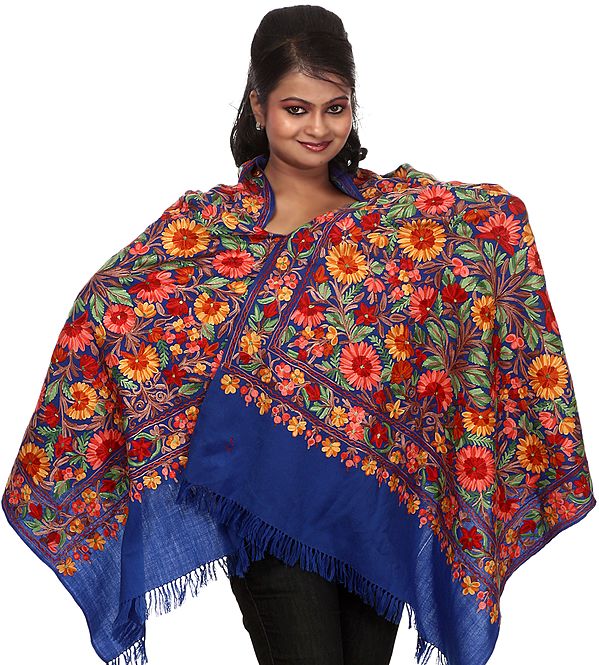 Dazzling-Blue Phulkari Kashmiri Stole with Aari Embroidered Flowers All-Over