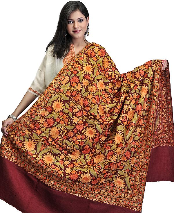 Deep Mahogany Kashmiri Shawl with Densely Embroidered Flowers All-Over
