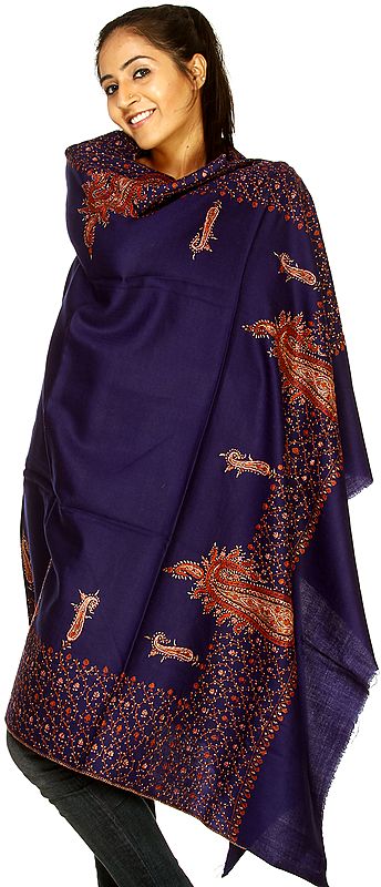 Deep Ultramine-Blue Kashmiri Shawl with Needle Stitched Embroiderd Paisleys and Flowers by Hand