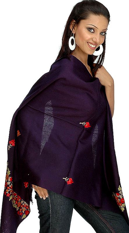 Deep-Blue Stole with Floral Embroidery