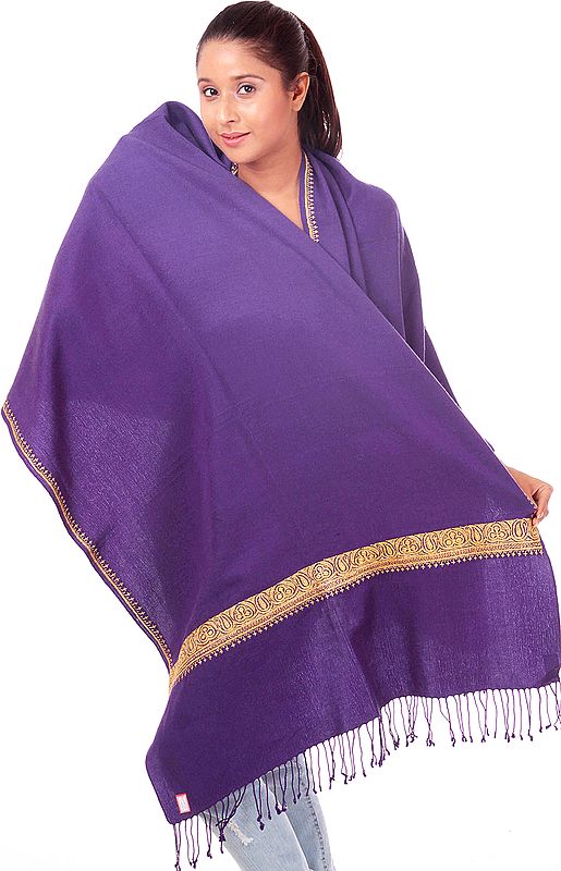 Deep-Wisteria Tusha Stole with Densely Hand-Embroidered Border