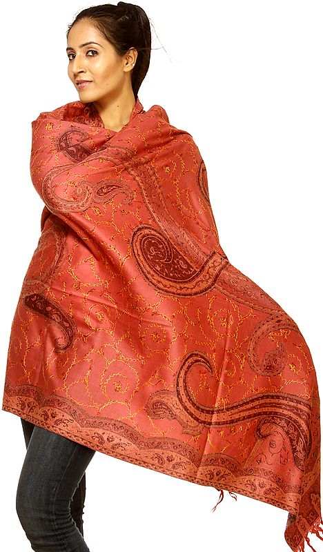Desert-Rose Kashmiri Shawl with Sozni Embroidery by Hand and Woven Paisleys All-Over