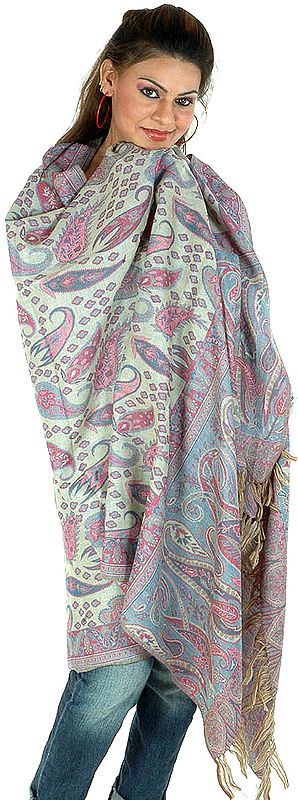 Double-Sided Jamawar Shawl with All-Over Woven Paisleys
