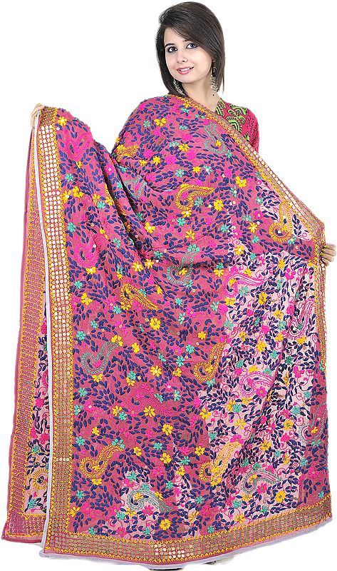 Dusty Cedar-Pink Phulkari Dupatta from Punjab with Aari-Embroidered Flowers by Hand