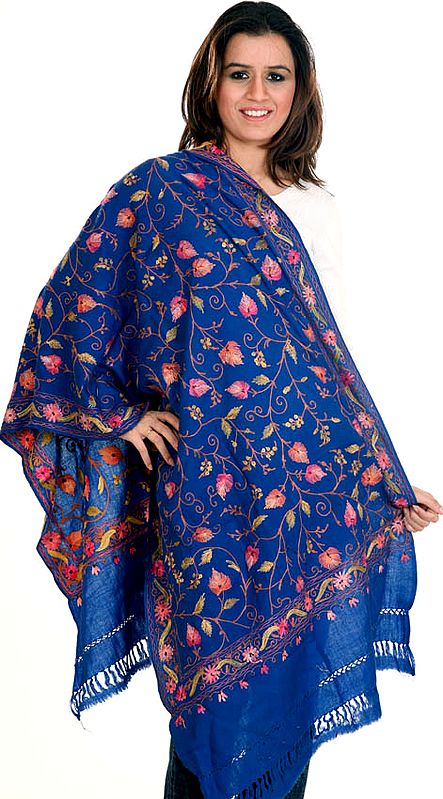 Egyptian-Blue Kashmiri Stole with Floral Aari Embroidery