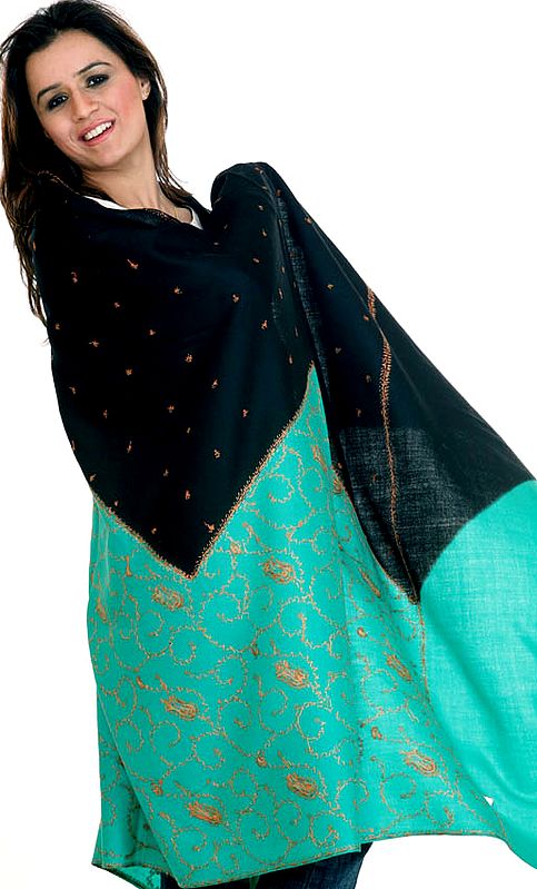 Emerald and Black Shawl with All-Over Needle Embroidery