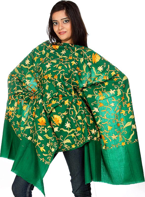 Evergreen Aari Embroidered Shawl from Kashmir