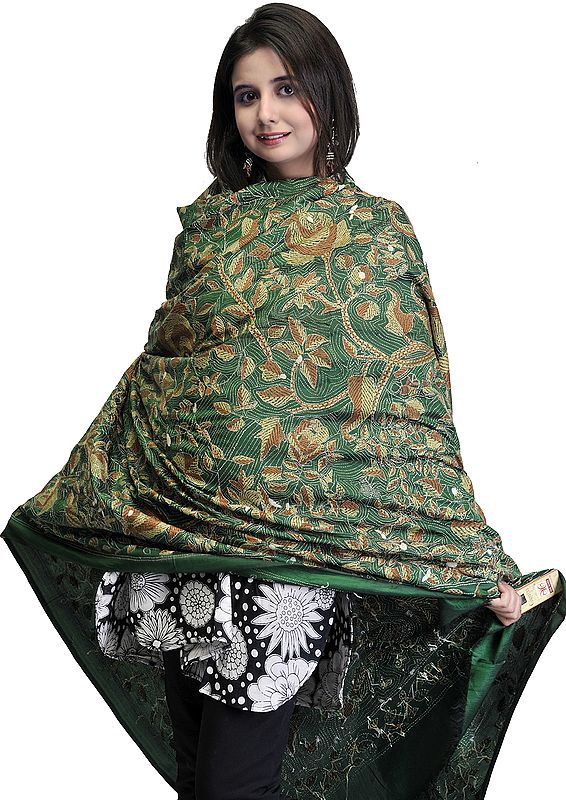 EverGreen Dupatta-Wrap with Kantha Stitched Embroidered Flowers by Hand