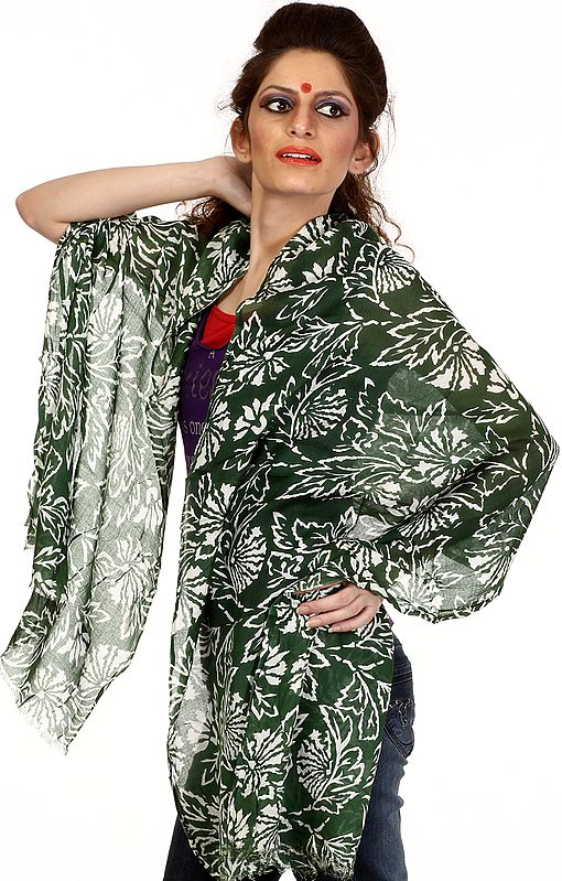 Evergreen Stole with Printed Flowers and Leaves