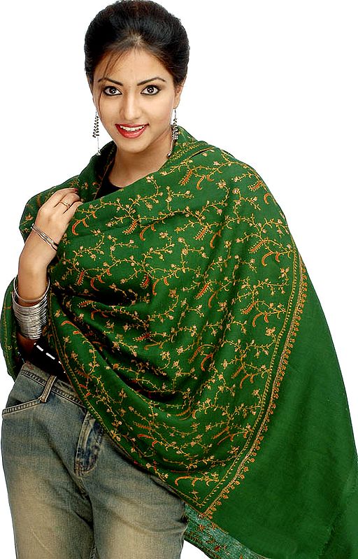 Fern Green Jafreen Jaal Shawl with Kashmiri Needle Embroidery